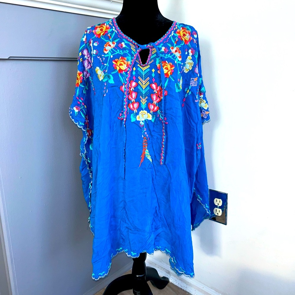 Johnny Was Size S Embroidered Tasseled Blue Art To Wear Oversized Floral
